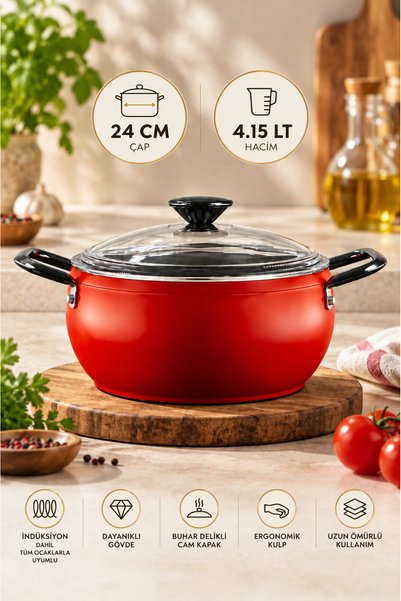 Bonera Pro Plus 24 см дълбок тиган с титаново покритие – червен – подходящ за...
