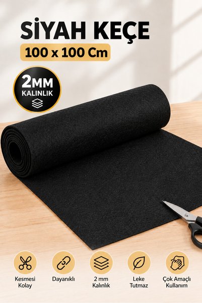 TELASTAR Metrelik Keçe 2 MM Kalınlık Siyah - 1 Metre (100X100 CM) Metrelik Siyah Keçe