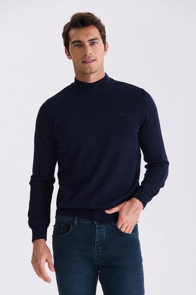Jakamen Navy Blue Slim Fit Half Fisherman Knitwear Sweater