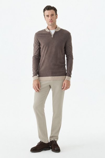 Jakamen Brown Slim Fit Zippered Knitwear Wool Sweater