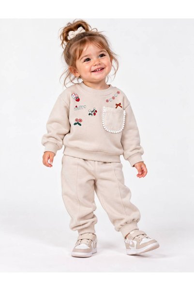 SEENJOB KİDS Oversized Sweatshirt with Simit Collar Detail, "Happy" Print, an...