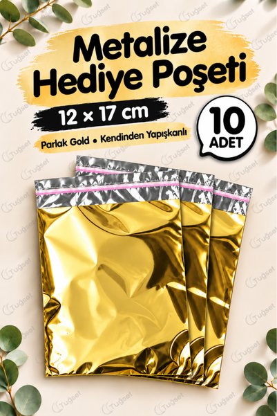 t tuğset etiket Yapışkanlı Metalize Hediye Paketi Poşeti 12x17cm Gold 10 Adet Yeni Yıl Yılbaşı Hediye paketi-T1086