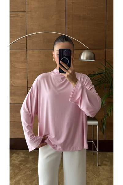 YOUR NAME Dik Yaka Oversize Dökümlü Uzun Kol Pembe Bluz