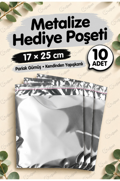 t tuğset etiket Yapışkanlı Metalize Hediye Paketi Poşeti 17x25cm Gümüş 10 Adet Yeni Yıl Yılbaşı Hediye Paketi -T109