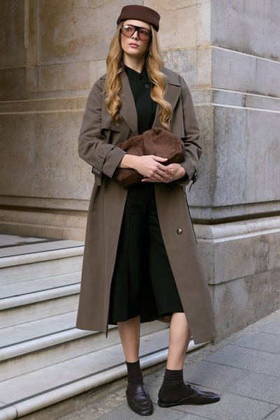 Olcay Oversized Trench Coat with Cape and Belt Detail, Water Repellent Featur...