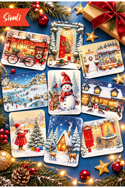 Mia Pera Set of 9 Glittery New Year Postcards New Year Landscape Snowman Nost...