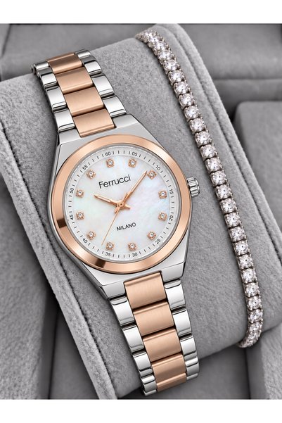 Ferrucci Milano Women's Double Color Gold Silver Metal Cord Stone White Dial ...