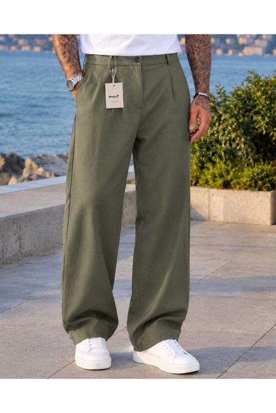 hello7 Baggy Çağla Yeşili Çift Pileli Pantolon Esnek Rahat Kalıp Yeni Sezon