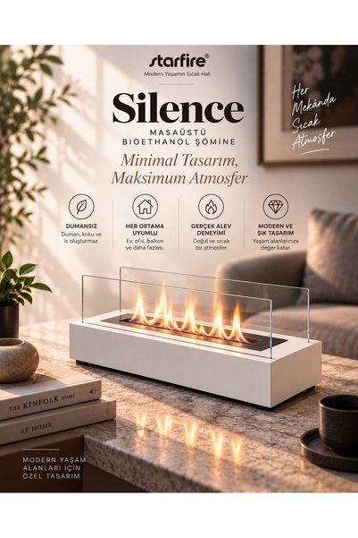Starfire Silence Camlı Paslanmaz Masa Üstü Şömine Bioethanol Bacasız Dekoratif Ateş Çukuru Beyaz
