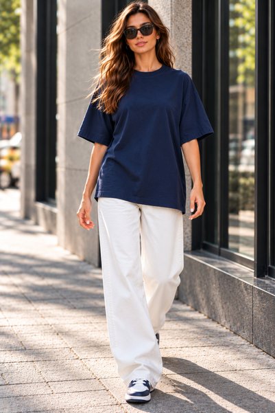 Lizbon Style Women's Oversize 100% Cotton Basic Comfortable Fit T-Shirt - Nav...