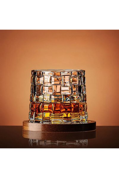 OEM Pahar pentru whiskey, Rotativ, cu baza din lemn, transparent, din sticla,...