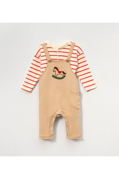vovido kids Erkek Bebek Sallanan At Nakışlı Salopet ve Çizgili Uzun Kollu 2'l...