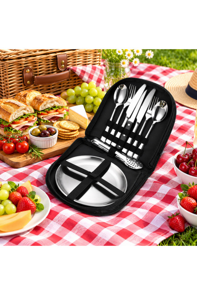 OEM Set tacâmuri și farfurii pentru picnic, 10 piese, oțel inoxidabil, capac ...