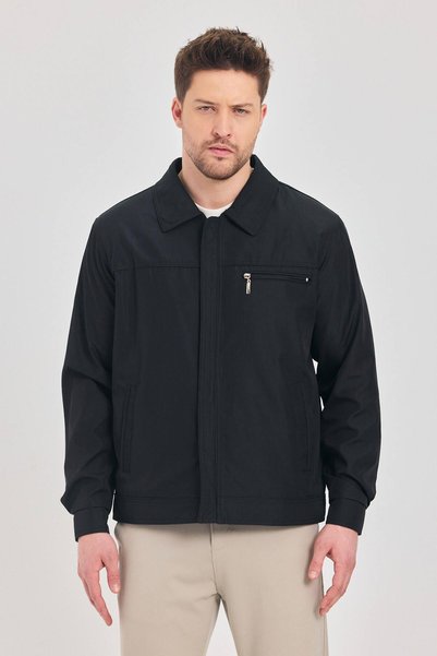 TREND KOMBİN Men's Black Classic-Collar Waterproof and Windproof Jacket & Coat