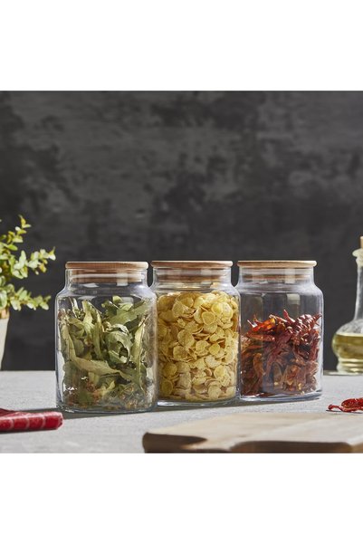 SELKA HOME 3'lü 890 ML Sade Ahşap Kapaklı Cam Kavanoz