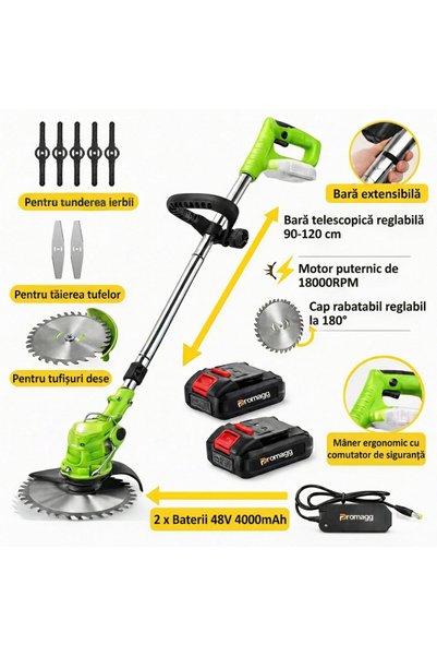 Promagg Motocoasă electrică, 18.000 RPM, 2 acumulatori 48V 4000 mAh, set comp...