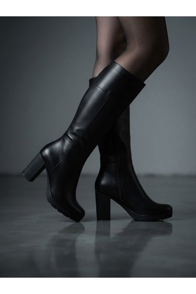 Burç Black Thick Heeled Zippered Women's Below the Knee Boots