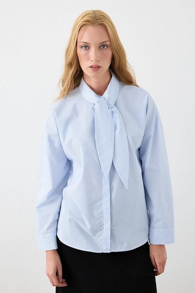 Gusto Striped Halter Neck Cotton Shirt - Blue