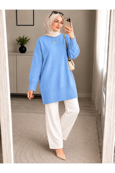 ModaAzen تونيك نسائي من الصوف بياقة دائرية أوفر سايز بلون أزرق فاتح وبقصة واسعة