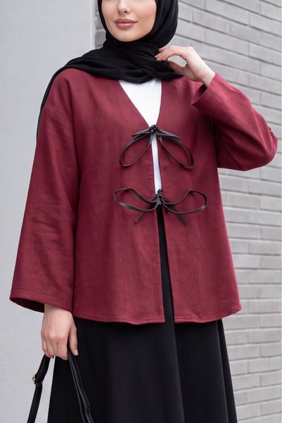 HİJABAYA Long-Sleeved, Oval-Cut, Lace-Up-Front Modest Cashmere Melton Kimono ...
