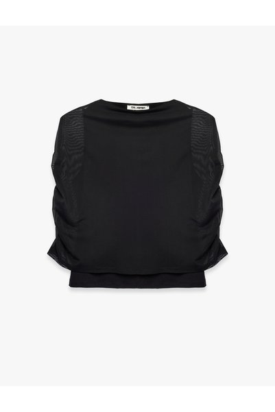 Koton Slim Fit High Neck Sleeveless Tulle Detailed Double Cape Blouse