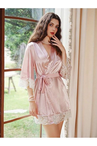 Jermo Women's Sleeve and Skirt Lace Detail Stylish and Elegant Short Satin Dr...
