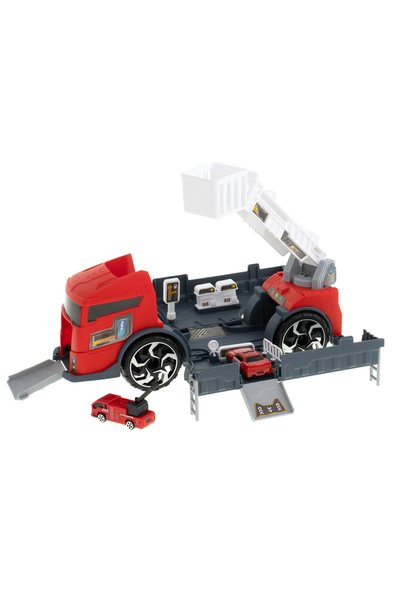 Ikonka Set camion transport 2 in 1, parcare cu 3 masinute in camion de pompie...