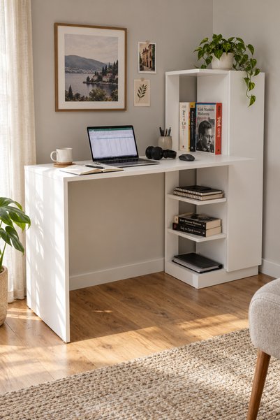 ARNETTİ Yağız Çalışma Masası Beyaz | Dolaplı Raflı Bilgisayar Masası ve Home ...