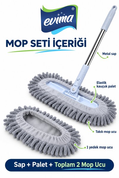 EVİMA Elastik Kauçuk Paletli 1 Yedek Uçlu Ev İşyeri Temizliği için Mop Set SA...