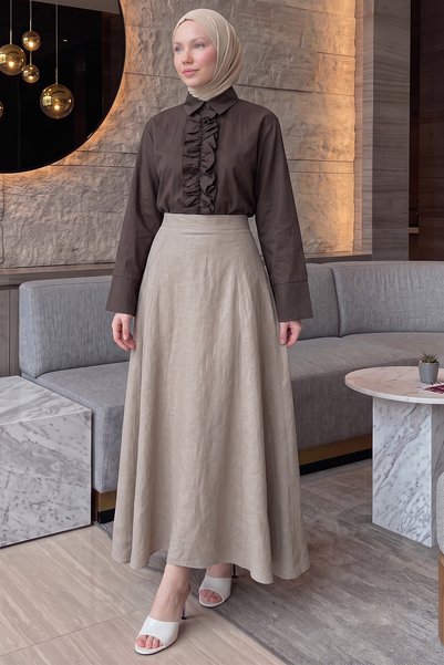 zenne Fusta evazată cu inserții Y0131 - CULOARE PIATRĂ