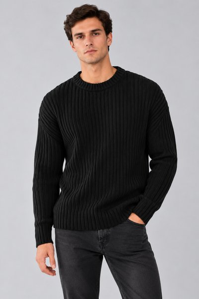 İLKCET MODA Ανδρικό πουλόβερ με ανοιχτό ώμο oversized Μαύρο Χοντρό κοτλέ
