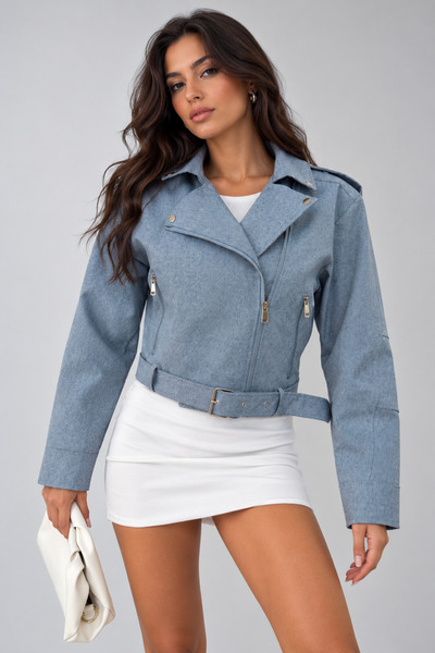 İLKCET MODA Jachetă scurtă cu curea, cu aspect de denim