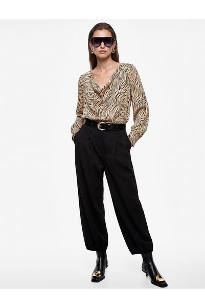 Koton Viscose Fabric Zebra Patterned Long Sleeve Degaje Collar Satin Blouse