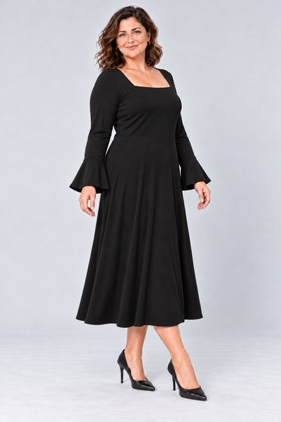 Curvy Trend Büyük Beden Kare Yaka Volan Kol Viskon Elbise