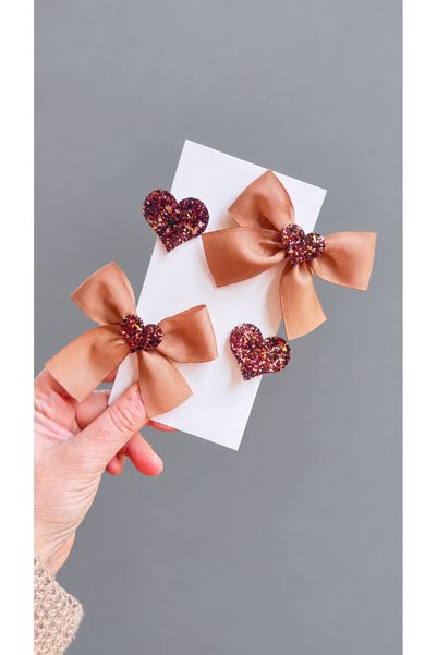 Toka Perisi Glitter Silvery Milk Brown Color Heart Ribbon Bow Metal Clip Buck...