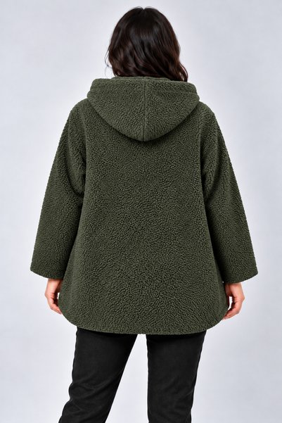Curvy Trend Büyük Beden Kapşonlu Fermuarlı Sherpa Kuzu Kumaş Ceket