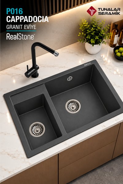 RealStone P016 Cappadocia 1.5 Gözlü Damlalıksız Granit Eviye Antrasit 70x50