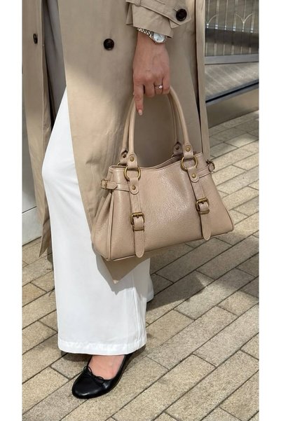 Tecer Bag Women's Taupe Color Zipper Belt Detail Vintage Hand and Shoulder Bag