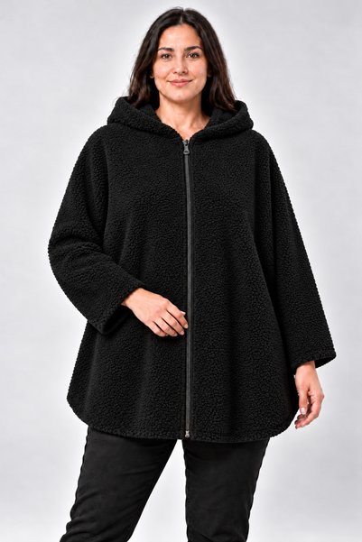 Curvy Trend Büyük Beden Kapşonlu Fermuarlı Sherpa Kuzu Kumaş Ceket