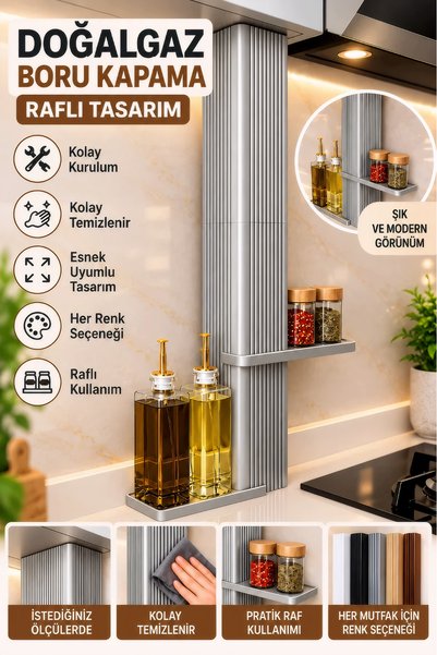 Arvina Atelier Ölçüye Özel Raflı Gümüş Rengi Doğalgaz Borusu Gizleme ve Kapam...