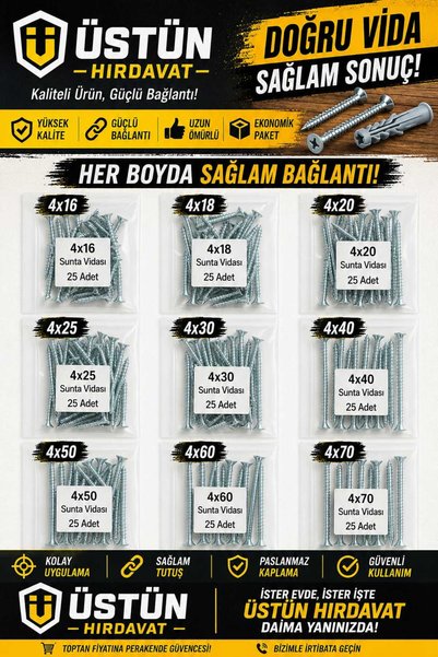 GenelTedarik SUNTA VİDA PAKETİ (4X16 4X18 4X20 4X25 4X30 4X40 4X50 4X60 4X70