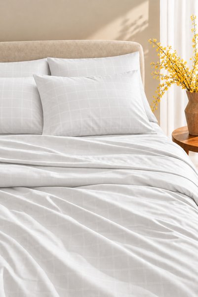 NazeninHome Checkered Satin 100% Cotton Double Duvet Cover Set |   White