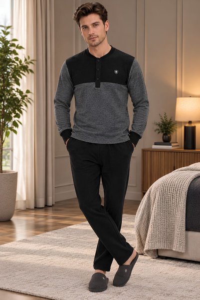 Mecit Pijama Mecit 2999 Grey-Black Thessaloniki Fabric Winter Men's Pajama Set
