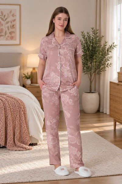 Mecit Pijama Mecit 6014 Powder Floral Patterned Neck Buttoned Women's Pajamas...