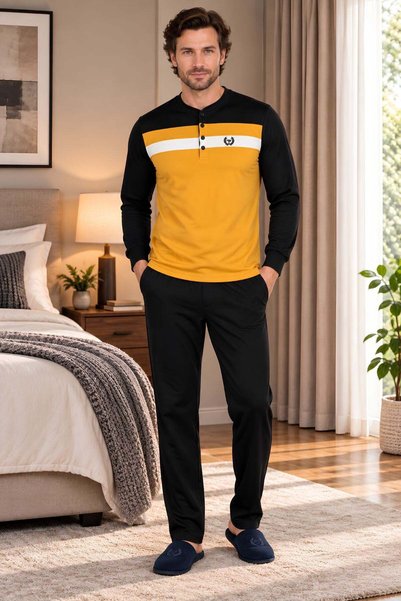 Mecit Pijama Mecit 2763 Yellow 100% Cotton Large Size Men's Pajamas