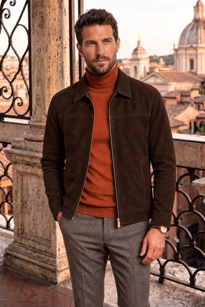 DERİJE Kane Genuine Suede Leather Brown Men's Coat – Modern Regular Fit, Soft...