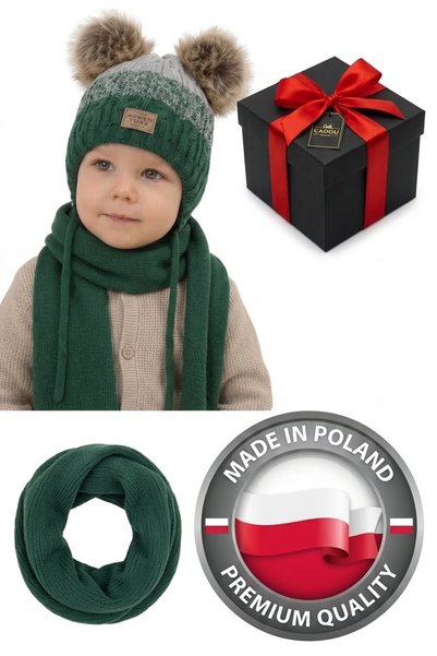 Agbo Set complet de iarnă pentru băieți: căciulă verde și eșarfă cu 2 pompoan...