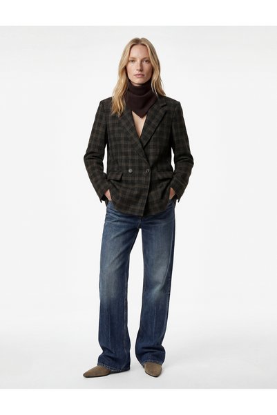 Koton Long Sleeve Double Breasted Pocketed Plaid Oversized Blazer Jacket