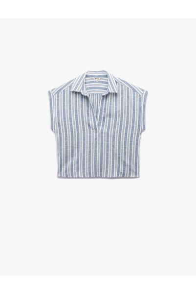 Koton Linen Blend Short Sleeve Dash Shirt Collar Blouse