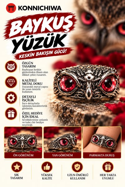 FG KONNİCHİWA Owl Ring – Embossed Metal Design with Pink Eye Detail